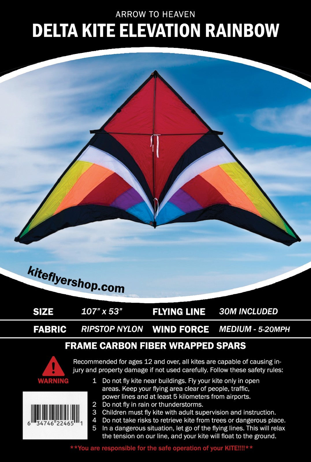 Delta Kite Elevation Rainbow 107"x 53" + RipStop Nylon + Carbon Wrap Spars + Bag