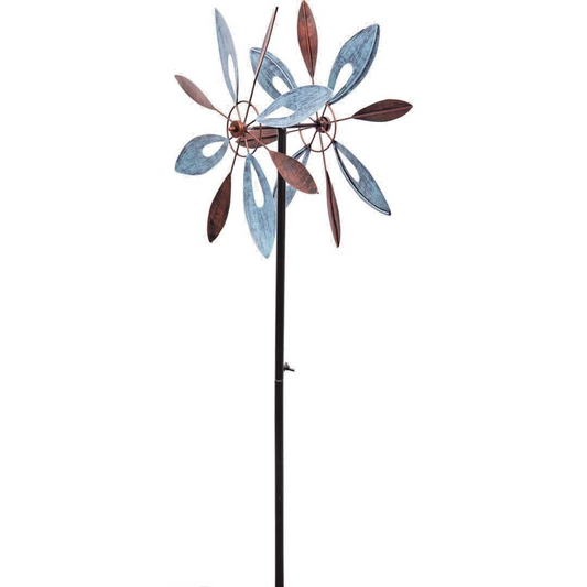 Metal Wind Spinner Copper Flower Duett 48 x 15" + Metal Ground Stake and Pole