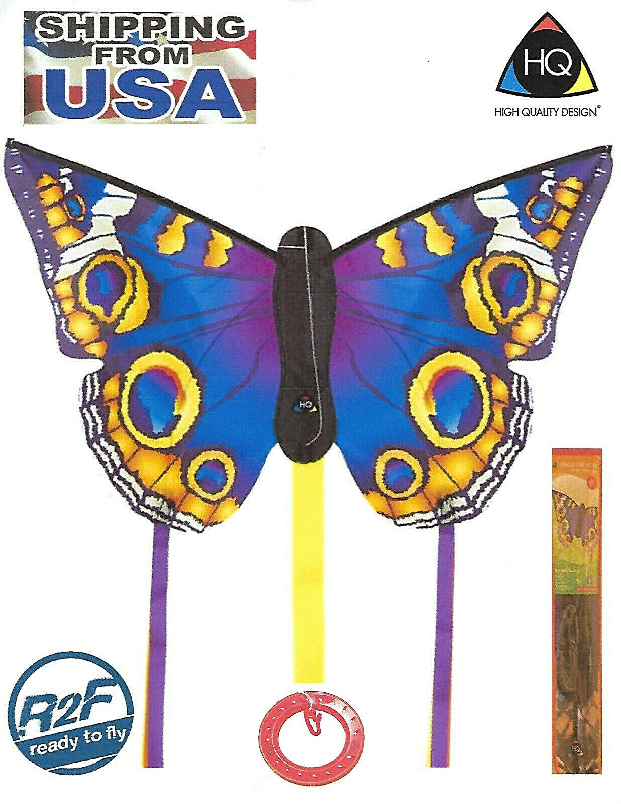 Butterfly Kids Kite Buckeye Large 51"w + Line + Spool + Qucik Clip + tails + Bag