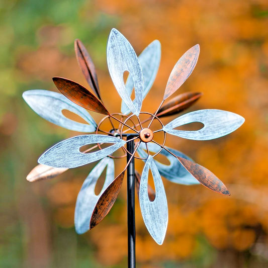 Metal Wind Spinner Copper Flower Duett 48 x 15" + Metal Ground Stake and Pole