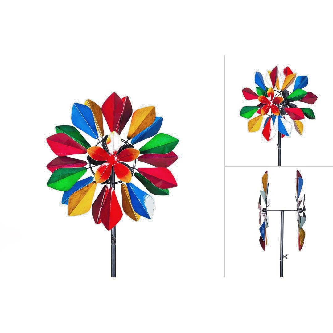 Metal Wind Spinner Multi Colored Flower Duett 48 x 14" Two Spinning Rotor Wheels