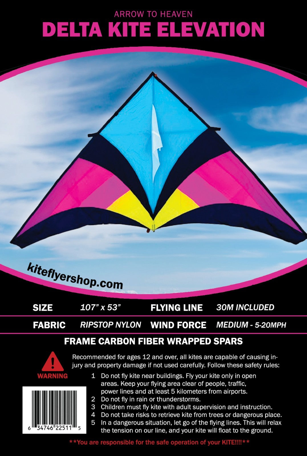Delta Kite Elevation HUGE  107" x  53" + RipStop Nylon + Carbon Wrap Spars + Bag