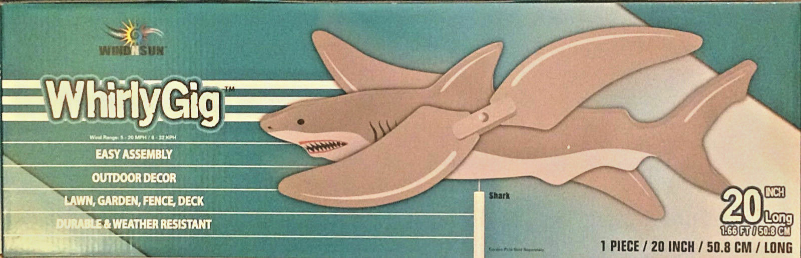 Wind Spinner Shark Windmill + 20" Long + Two Piece Metal Garden Pole Included