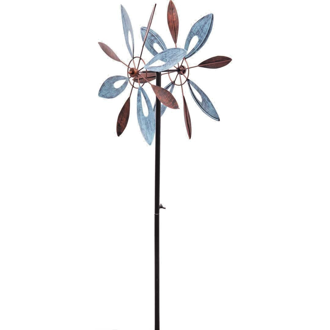 Metal Wind Spinner Copper Flower Duett 48 x 15" + Metal Ground Stake and Pole