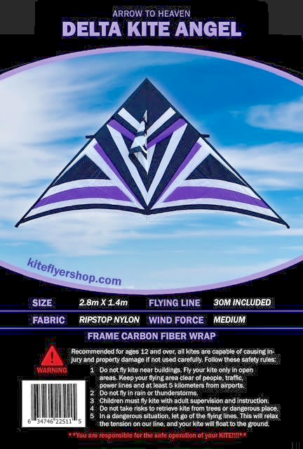 Delta Kite Angel Huge 108" x  55" + RipStop Material + Carbon Wrap Spars + Line