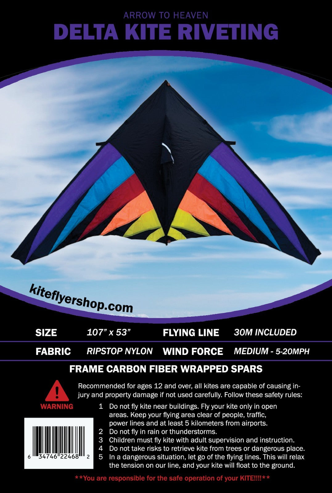 Delta Kite Riveting HUGE 107" x  53" + RipStop Nylon + Carbon Wrap Spars + Bag