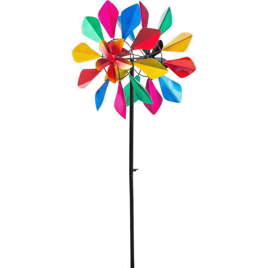 Metal Wind Spinner Multi Colored Flower Duett 48 x 14" Two Spinning Rotor Wheels